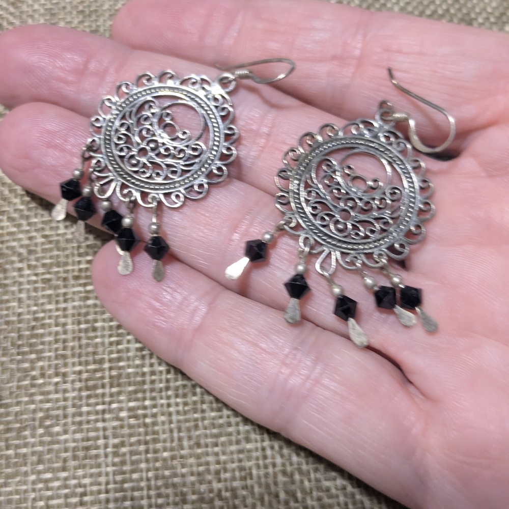 Vintage MC 925 Sterling Silver Filigree Black Bead Dangle Earrings Boho Goth